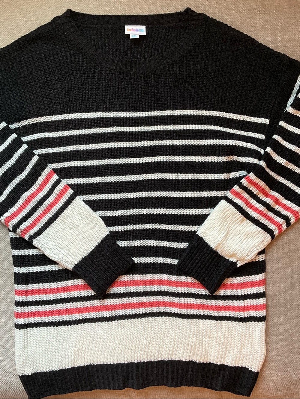 LuLaRoe Black, White & Red Striped Crewneck Sweater